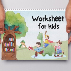 May include: A colorful worksheet for kids featuring a green dinosaur, a tree with a bookshelf, and three children playing. The worksheet is titled "Worksheet for Kids".