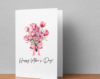 Happy Mothers Day Card, Printable Greeting Card, Instant Digital Download PDF PNG JPEG, Pink Watercolor Tulips, Foldable Card