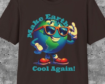 May include: A brown t-shirt with a cartoon image of the Earth wearing sunglasses and making a peace sign. The text "Make Earth Cool Again!" is printed below the image.
