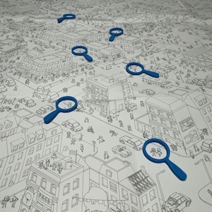 May include: A black and white illustrated city scene with six blue magnifying glasses scattered across the image. The magnifying glasses are used to help find hidden objects in the illustration.