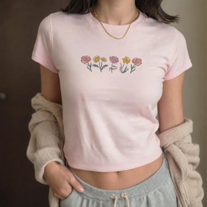 Y2K Vintage Inspired Botanical Flower Gardener Baby Tee Naturalist Floral Shirt Y2K Clothing Cottagecore Aesthetic Summer Crop Top