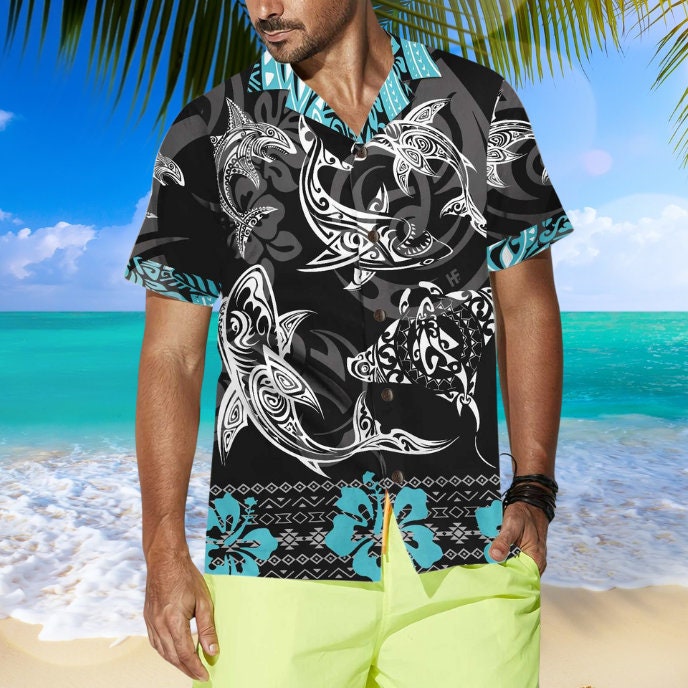 Discover Blue Shark Hawaiian Button-Up Shirt - Fun Shark Print for Adults