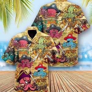 Pirate Inspired Beach Ready 3D Hawaiian Shirt For Fun Days, Octopus Attacks Ship Hawaiian Shirt, 3D Hawaii Aloha Shirt, Summer Party Gift