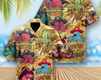 Chemise hawaïenne 3D prête pour la plage inspirée des pirates pour les journées amusantes, chemise hawaïenne Octopus Attacks Ship, chemise hawaïenne Aloha 3D, cadeau de fête d’été