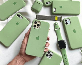 Sage Green Logo Silicone Phone Case iPhone  15 14 13 12 11 Pro Max Cover Rubber Solid Plain Simple Bright Dusty Pale Olive Matte Khaki Army