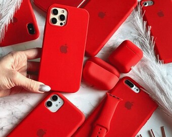 Cherry Red Logo Silicone Phone Case iPhone 14 13 12 11 Pro Max Cover Rubber Solid Plain Simple Pastel Pale Minimalistic Bright Bold Soft