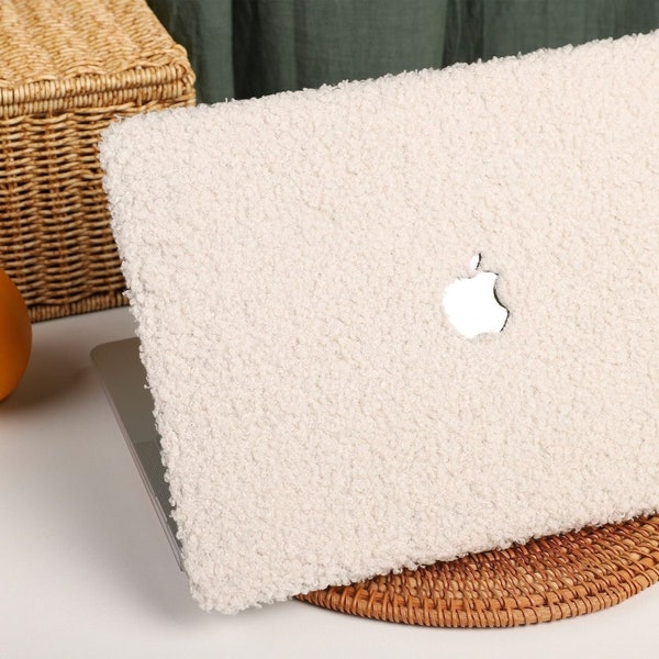 Fluffy Teddy Furry Bouclé Plush Textured Apple MacBook Pro Air Retina Laptop 13 14 15 16 inch Case Cover Sleeve Cream White Beige