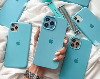 Turquoise Blue Logo Silicone Phone Case iPhone  15 14 13 12 11 Pro Max Cover Rubber Solid Plain Simple Bright Light Neon Turqoise Green Teal