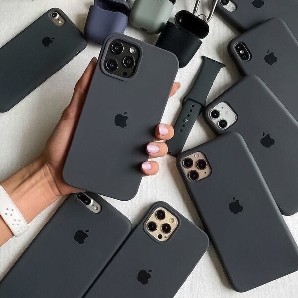 Charcoal Grey Logo Silicone Phone Case iPhone 15 14 13 12 11 Pro Max Cover Rubber Solid Plain Simple Minimal Minimalistic Black Gray Stone