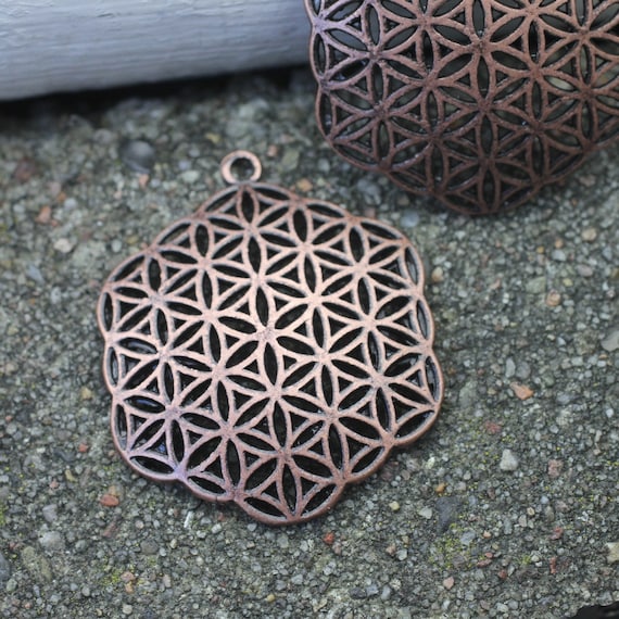 5 Flower of Life Pendants, Hexagon Pendants, Antique Copper Plated