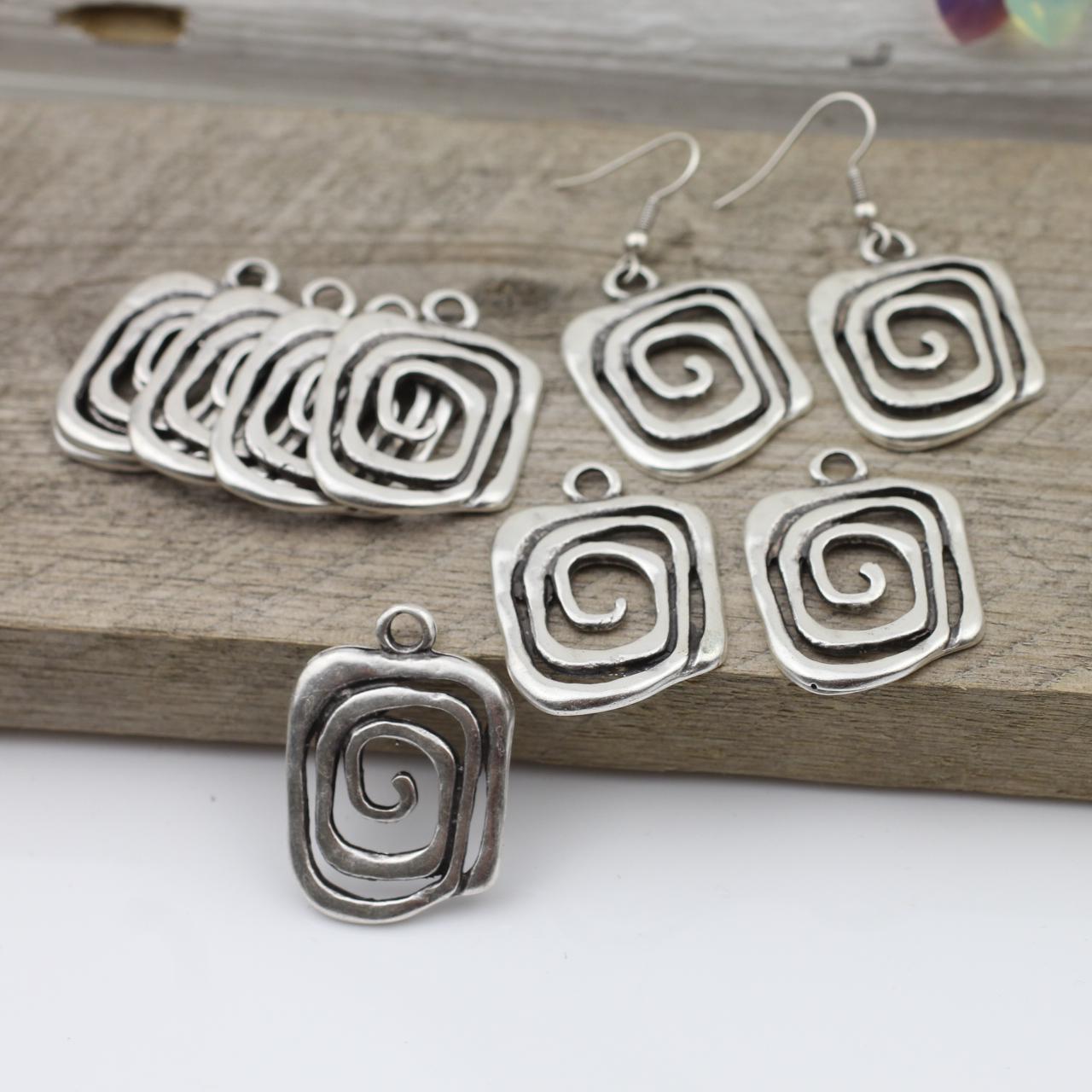 5 Antique Silver Asymmetric Spiral Charms Pendant, Silver