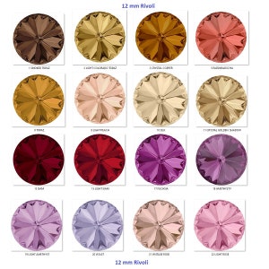 Pu&ograve; includere: Una tabella di strass Rivoli da 12 mm in vari colori, tra cui Topazio Fum&egrave;, Topazio Colorado Chiaro, Rame Cristallo, Padparadscha, Topazio, Pesca Chiaro, Seta, Ombra Dorata Cristallo, Siam, Siam Chiaro, Fucsia, Ametista F, Ametista Chiaro, Violetto, Rosa Vintage e Rosa Chiaro.