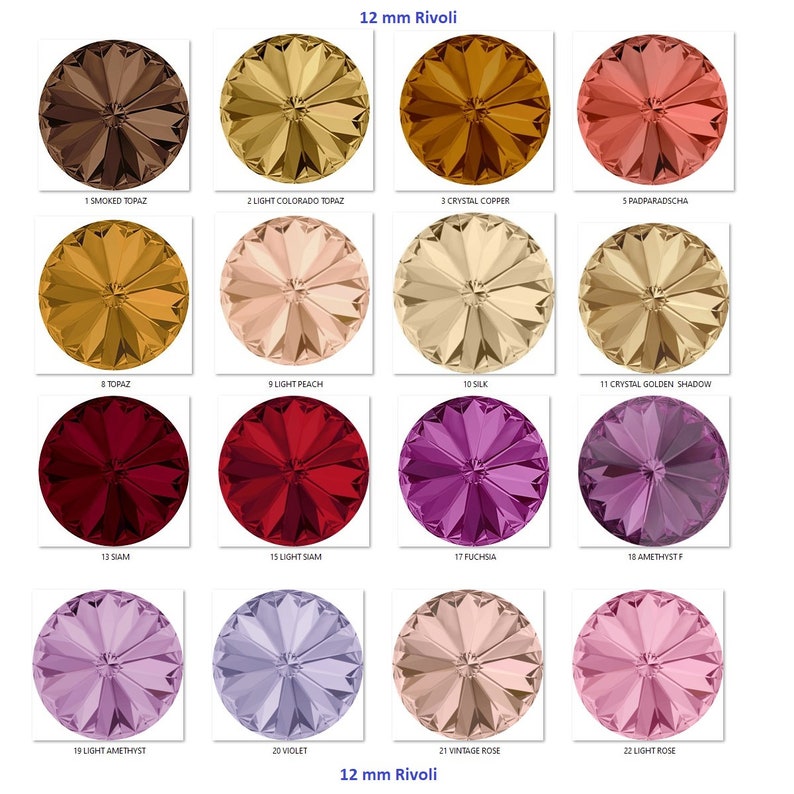 Pu&ograve; includere: Una tabella di strass Rivoli da 12 mm in vari colori, tra cui Topazio Fum&egrave;, Topazio Colorado Chiaro, Rame Cristallo, Padparadscha, Topazio, Pesca Chiaro, Seta, Ombra Dorata Cristallo, Siam, Siam Chiaro, Fucsia, Ametista F, Ametista Chiaro, Violetto, Rosa Vintage e Rosa Chiaro.