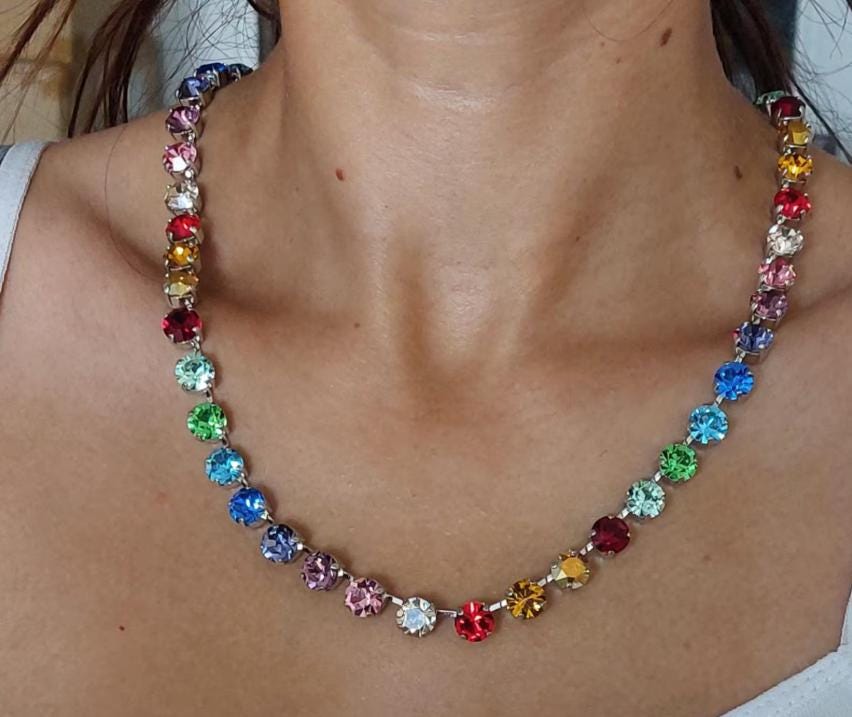 Rainbow Swarovski Crystal Necklace, Handmade Tombac Jewelry - Etsy