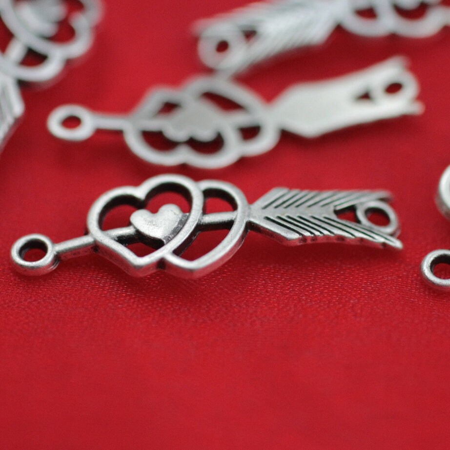 10 Love Connector Charms, Sterling Silver Plated, Antique