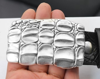 Fibbia per cintura in pelle di alligatore: motivo caimano argento, adatta a cinture da 4 cm - GS01as