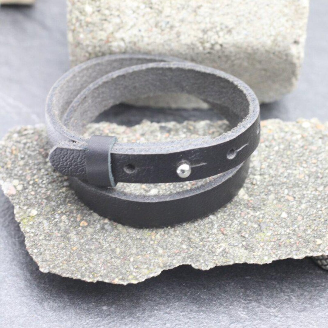 ダブルラップ本革ブレスレット、ブラックレザーラップブレスレット