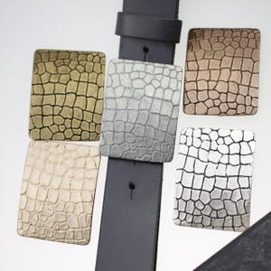 May include: Five different colored metal belt buckles with a crocodile skin pattern. The buckles are arranged in a row on a black leather belt.