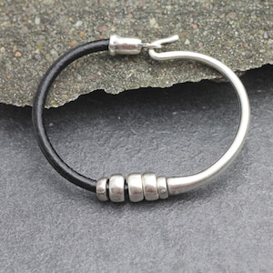 Silver Hook Clasp Leather Bracelet, Half Cuff Bracelet, Black Leather Bracelet, Bracelet for Women & Men, Valentines Day, Boho Bracelet, B51