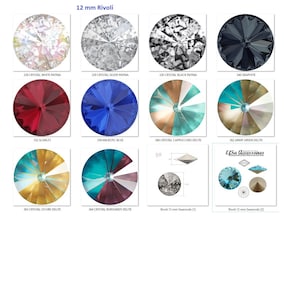 Pu&ograve; includere: Assortimento di cristalli Swarovski Rivoli da 12 mm in vari colori, tra cui patina bianca, patina argentata, patina nera, grafite, scarlatto, blu maestoso, delizia cappuccino, delizia verde militare, delizia ocra e delizia bordeaux.