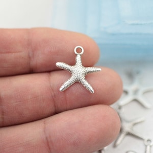 Puede incluir: Encanto de estrella de mar plateada con una superficie texturizada. El encanto tiene un bucle en la parte superior para sujetarlo a joyas u otras manualidades.