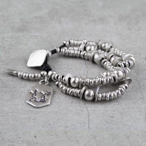 Silver Beaded Bracelet, Boho Bracelet, Hippie Bracelet, Double Rowed Bracelet, Leather Hook Bracelet, Bracelet for Women, Valentines Day B74