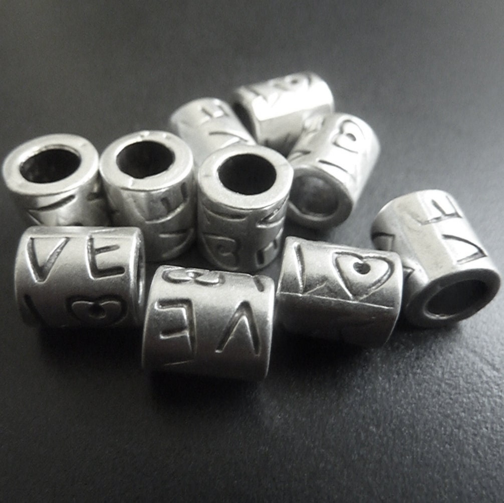 10 Love Beads, Zamak Beads, Tube Bead, Silver Tube, Antique