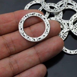 Hoop Flat Pendants, Silver Ring Charms, Sterling Silver Plated, Round Hole Ring Charms Pendant, Zamak Textured Ring Links Charms 10Pcs ZM917