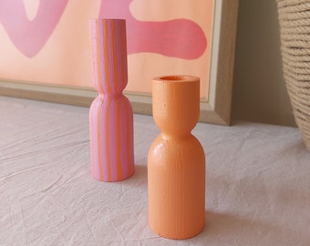 Colorful Wooden Candle Holder Set, Modern Unique Candlesticks in Pink&Orange, Housewarming Gift