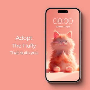 May include: A smartphone displaying a digital clock with the time 08:00 and the date Sunday, 12 April. The background image is a cute cartoon orange cat with a happy expression.