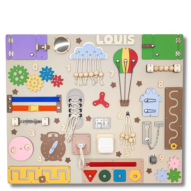 A wooden sensory board with numerous elements for practising fine motor skills and mental development.