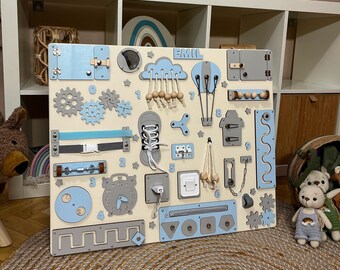 Large blue busy board for toddlers, Montessori activity board, sensory board