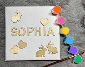 Kit personalizado de pintura de lienzo para niños con figuras y pinturas de madera, kit de pintura diy, juego de pintura diy de madera, regalo para niños, favores de fiesta