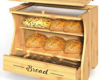 Boîte à pain domestique double couche, boîte à pain faite main en bambou, facile à assembler et à nettoyer, avec trous d'aération des deux côtés, grande capacité