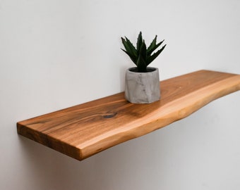 May include: A wooden shelf with a live edge, mounted on a white wall. A small potted succulent plant sits on the shelf.