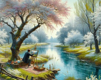 Artist Draws A Spring Landscape Colorful Cross Stitch Pattern PDF Digital Cross Stitch Chart Digital Files