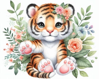 Baby Tiger Cute Picture Animal Tiger Flowers Counted Cross Stitch Pattern PDF Digital Cross Stitch Chart Digital Files (032)