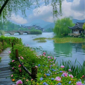 Garden Pond Bridge Counted Cross Stitch Pattern PDF Spring Digital Cross Stitch Chart Digital Files (007)
