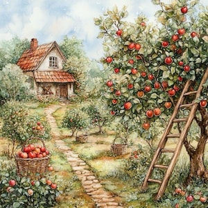 Könnte beinhalten: Aquarellmalerei eines Apfelgartens mit einem Steinweg, der zu einem kleinen Cottage führt. Eine Leiter lehnt an einem Baum voller roter Äpfel. Körbe mit Äpfeln stehen auf dem Boden, und der Himmel ist hellblau.