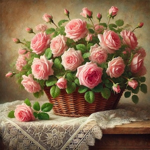Pode incluir: Uma cesta de vime transbordando de rosas cor-de-rosa e botões, descansando sobre uma toalha de renda branca. As rosas estão dispostas em um lindo buquê, com algumas se espalhando pelas bordas da cesta.