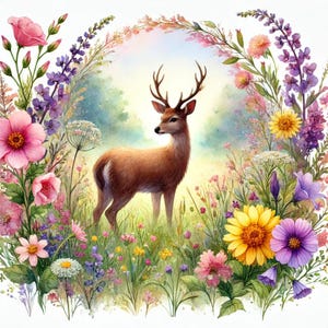 Herten zonnige dag wilde bloemen veld schattige foto dieren bloemen geteld kruissteekpatroon digitale pdf-grafiek digitale bestanden