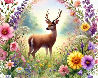 Deer Sunny Day Wild Flowers Field Cute Picture Animal Flowers Counted Cross Stitch Pattern PDF Digital Chart Digital Files