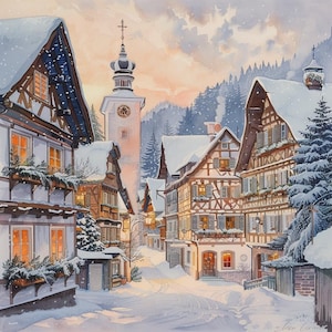 May include: Watercolor painting of a snow-covered European village street scene. Buildings with snow-laden roofs and timber-framed walls line the street. A church steeple rises in the background, and evergreen trees dot the hillside. The scene is illuminated by warm interior lights.