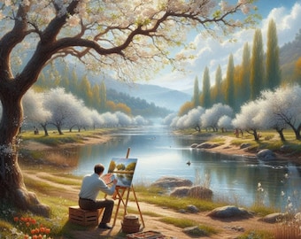 Artist Draws A Spring Landscape Colorful Cross Stitch Pattern PDF Digital Cross Stitch Chart Digital Files