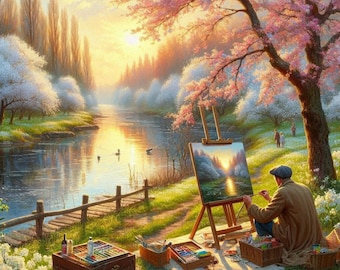 Artist Draws A Spring Landscape Beautiful Sunset Colorful Cross Stitch Pattern PDF Digital Cross Stitch Chart Digital Files