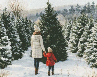 Choosing the Perfect Christmas Tree 2 in Snowy Forest Cross Stitch Pattern PDF Digital Cross Stitch Chart Digital Files