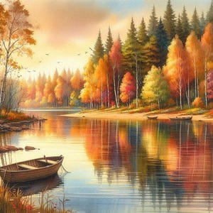 May include: A wooden rowboat sits on a calm lake with a reflection of the surrounding autumn forest. The trees are a mix of yellow, orange, and red.