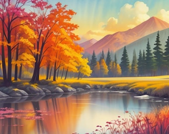 Paisaje otoñal, bosque otoñal, naturaleza colorida, hermoso lago, patrón de punto de cruz, gráfico de punto de cruz digital, archivos digitales