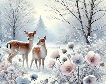 Deer Winter Snow Day White Flowers Field Cute Picture Animal Flowers Counted Cross Stitch Pattern PDF Digital Chart Digital Files