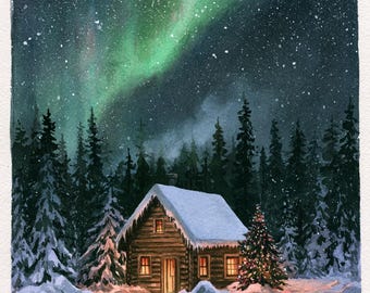 Winter Snow Night Christmas Cabin Northern Arctic Lights Cross Stitch Pattern PDF Digital Cross Stitch Chart Digital Files